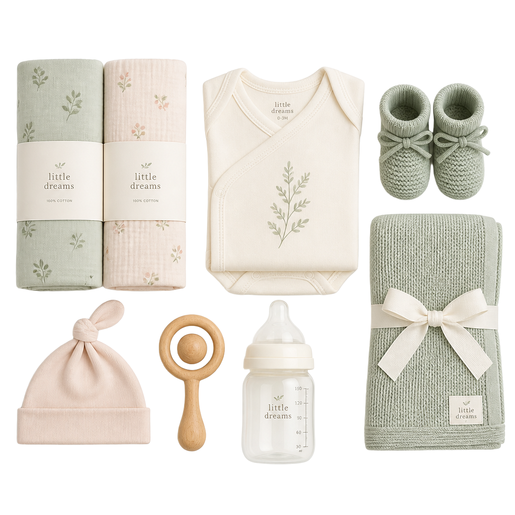 Flat lay of curated newborn essentials: swaddles, onesie, booties, hat, rattle, bottle and knit blanket